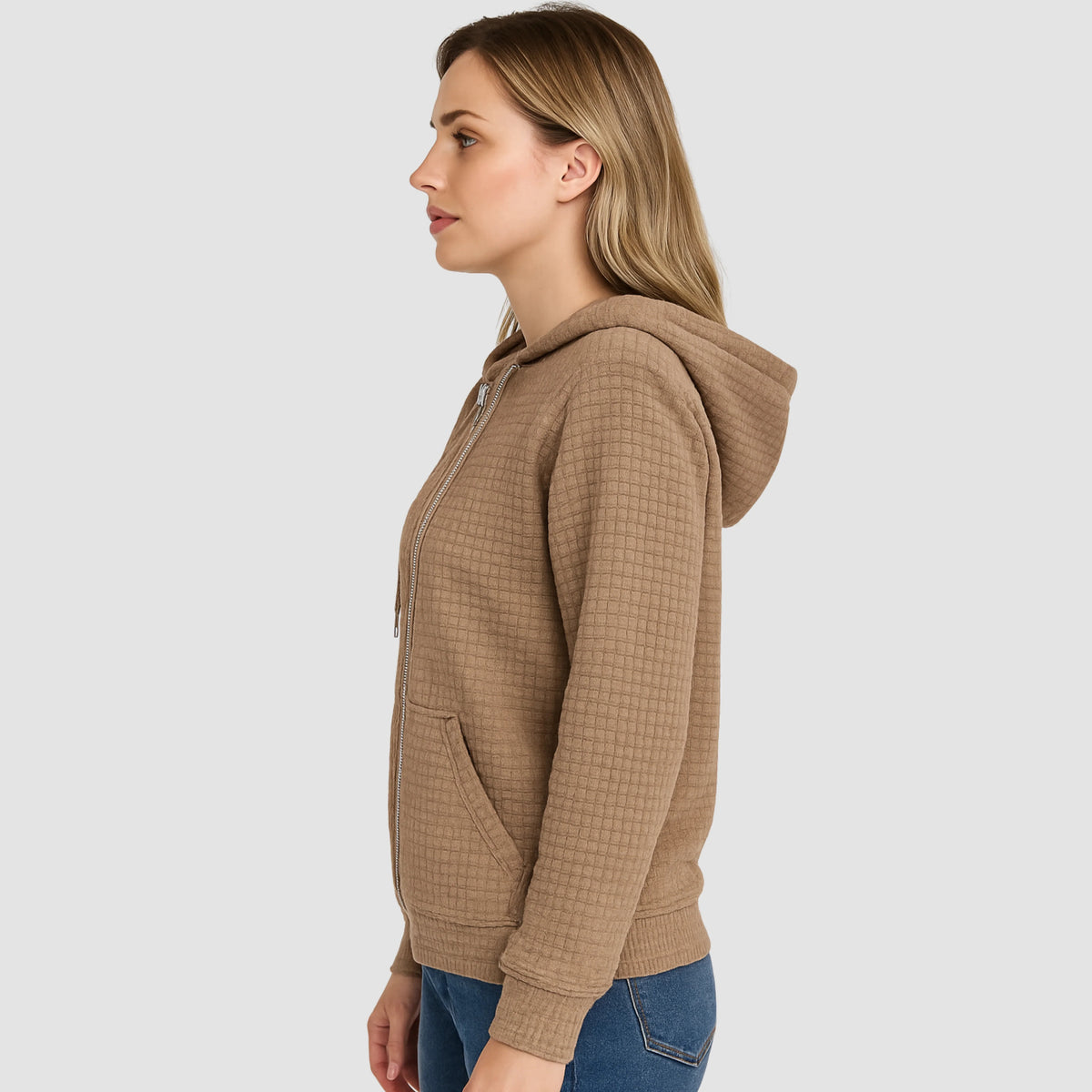 Bluza damska rozpinana z kapturem i fakturowanym wzorem - Khaki