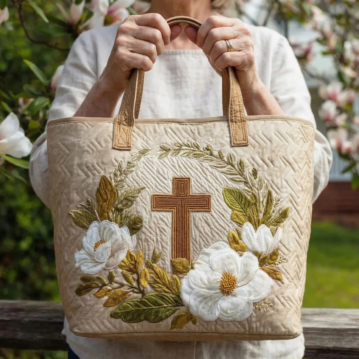 Torebka damska shopper z dwoma uchwytami i haftem religijnym