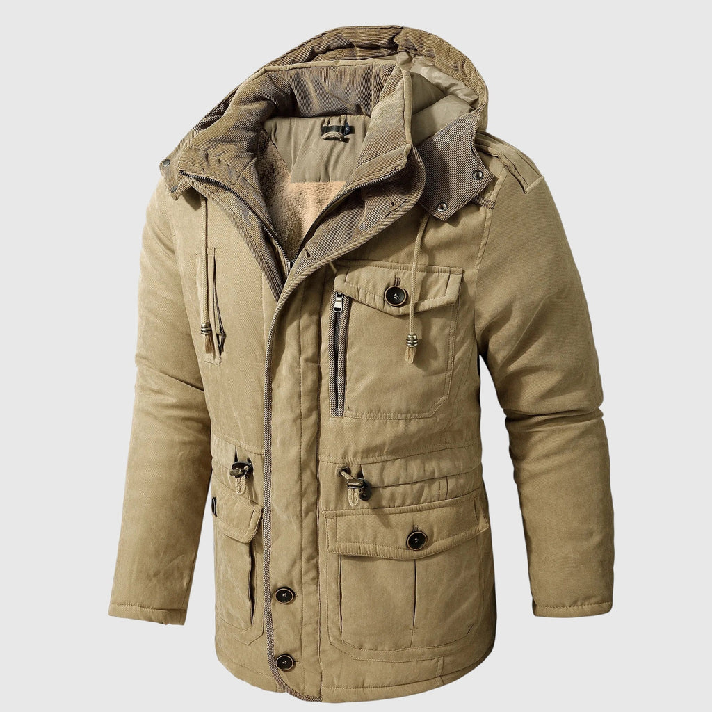 Kurtka męska zimowa z kapturem i wieloma kieszeniami w stylu outdoorowym - Khaki