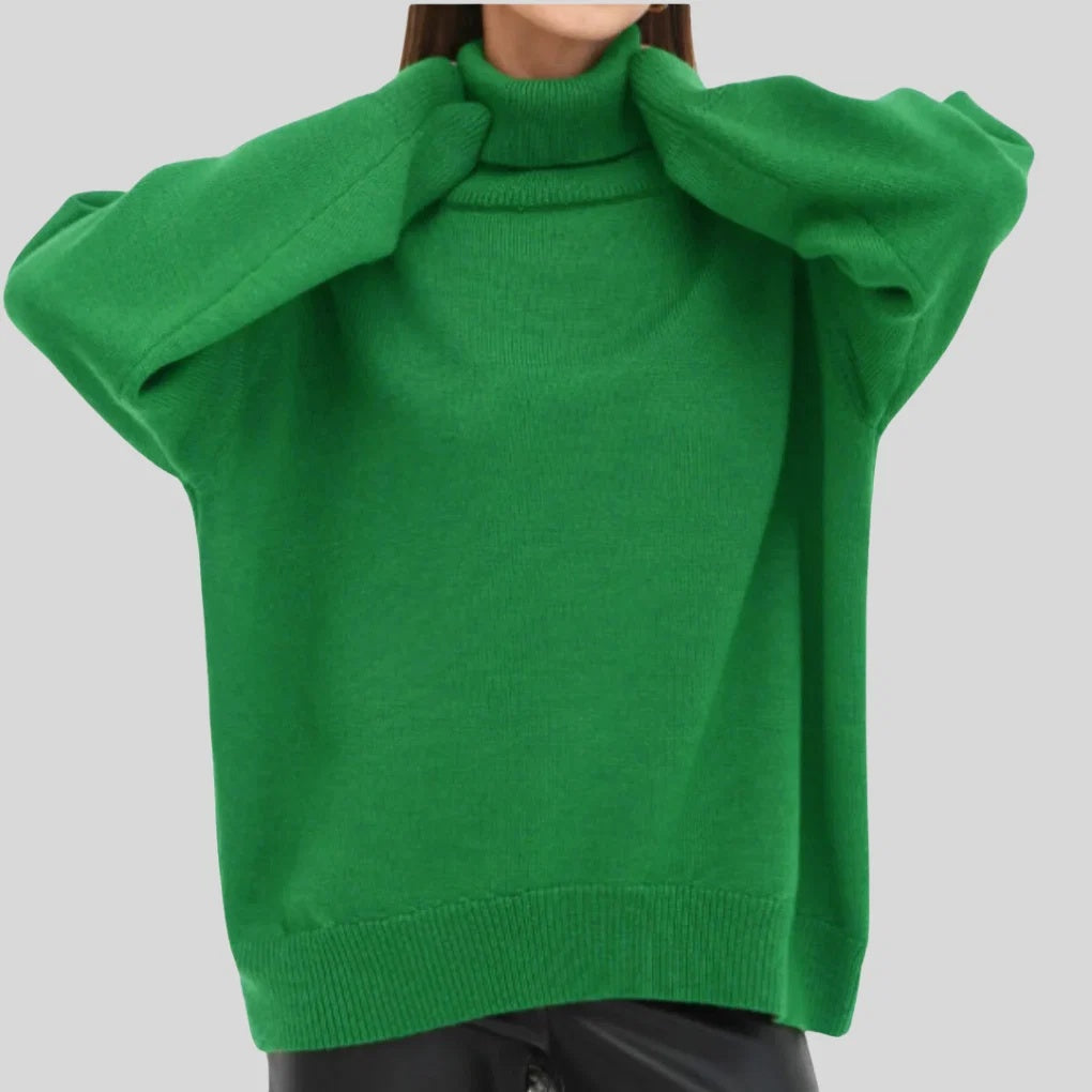 Sweter damski oversize z golfem i obniżoną linią ramion - Zielony 3