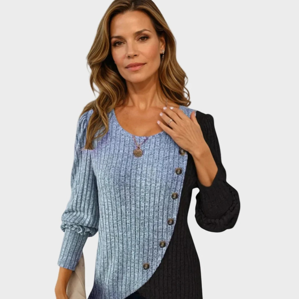 Tunika damska z długim rękawem ozdobnymi guzikami i asymetrycznym dołem - Niebieski Nieba