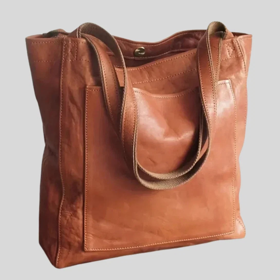 Torba damska shopper duża na ramię z długimi uchwytami i kieszeniami - Brązowy