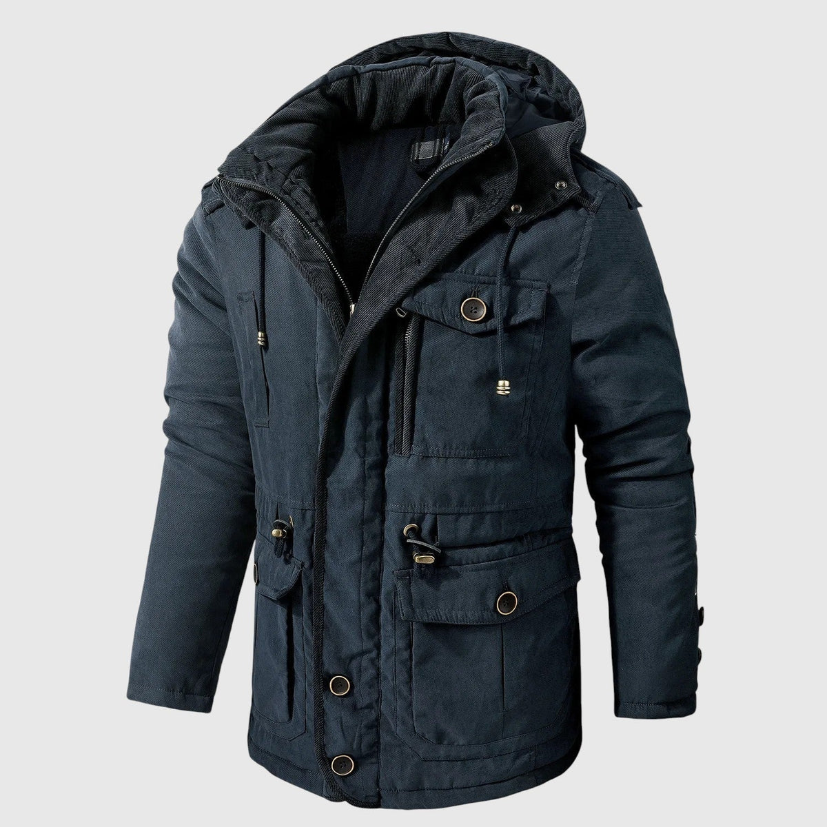 Kurtka męska zimowa z kapturem i wieloma kieszeniami w stylu outdoorowym - Niebieski