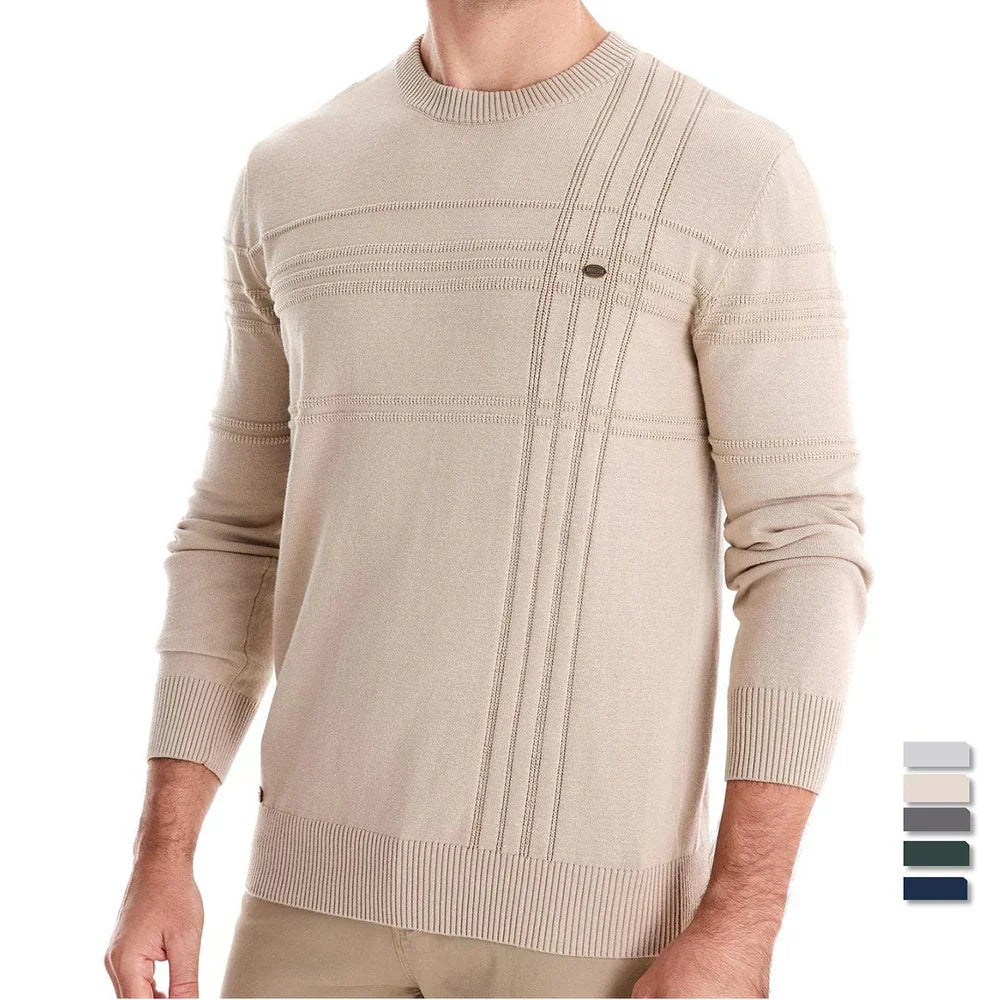 Sweter męski dopasowany z okrągłym dekoltem i geometrycznym wzorem - Beżowy