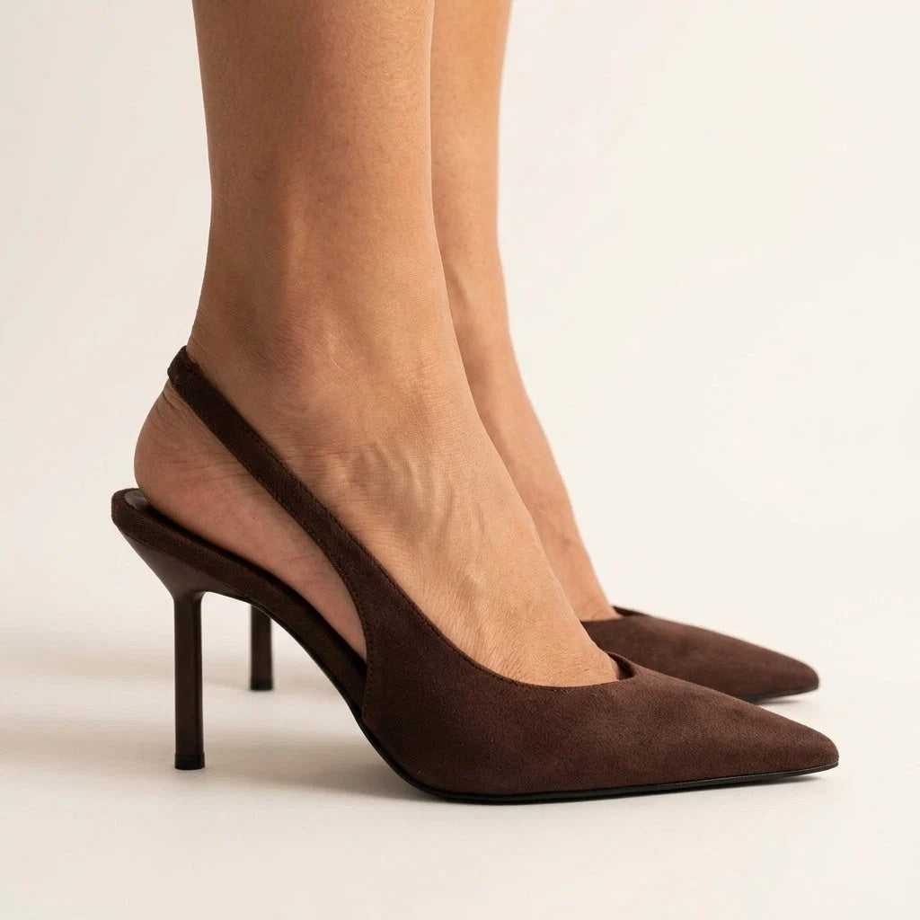 Czółenka damskie slingback na wysokim obcasie ze szpiczastym noskiem - Brązowy