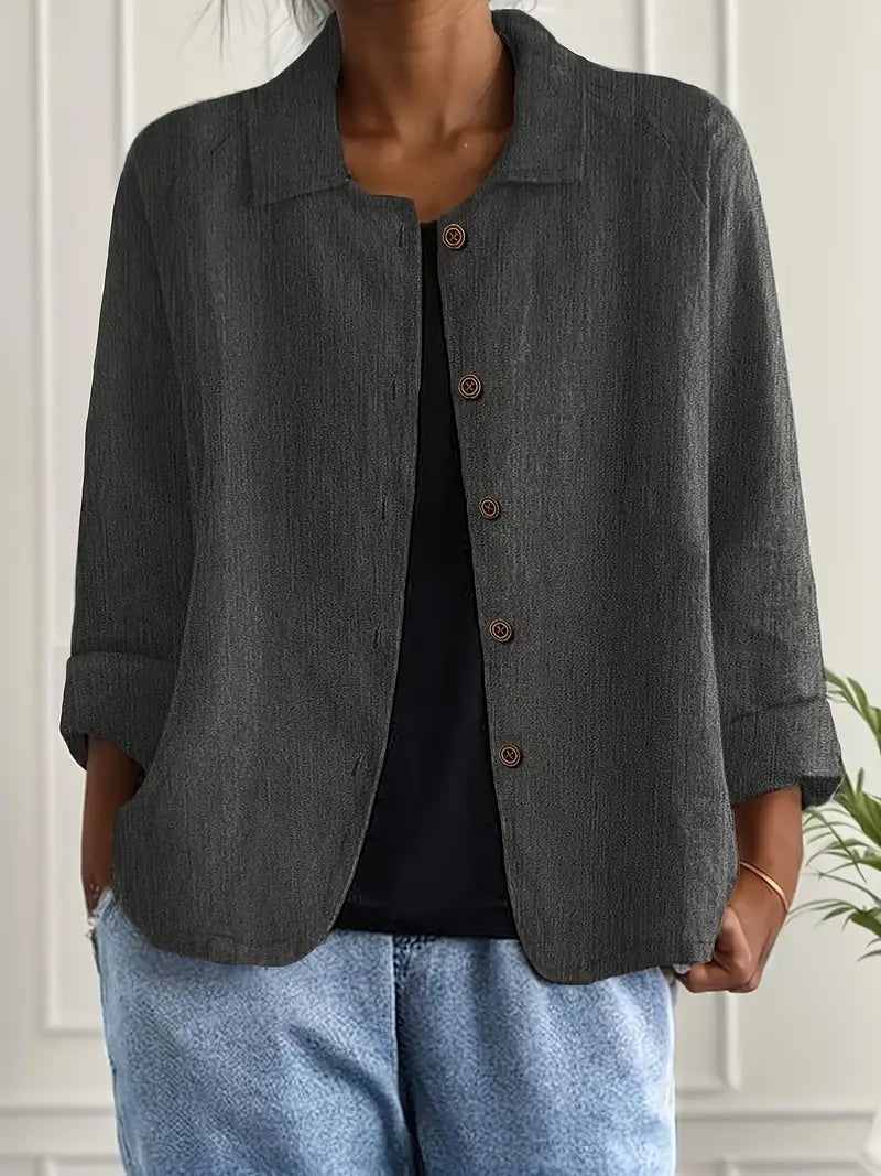 Koszula damska o luźnym kroju z kołnierzykiem i zapięciem na guziki - Czarny