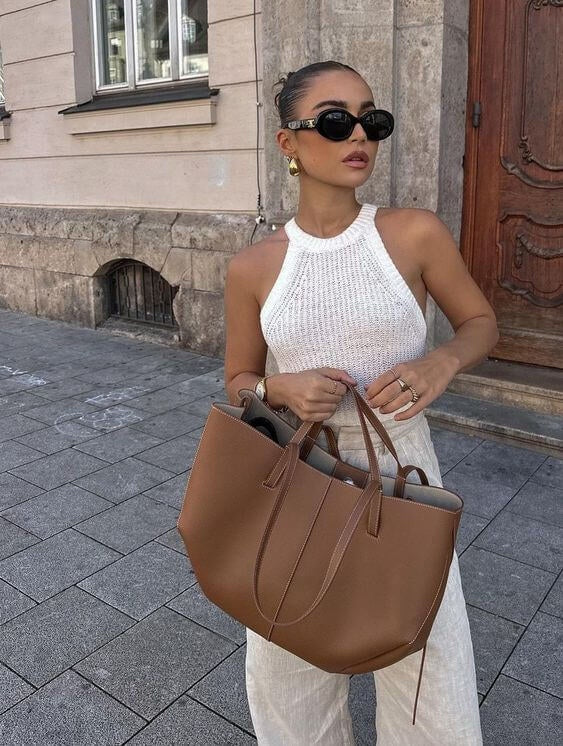 Torebka damska shopper duża z dwoma uchwytami i długim paskiem - Brązowy