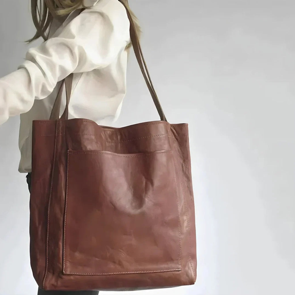 Torebka damska shopper duża z dwoma uchwytami i kieszeniami - Ciemnobrązowy