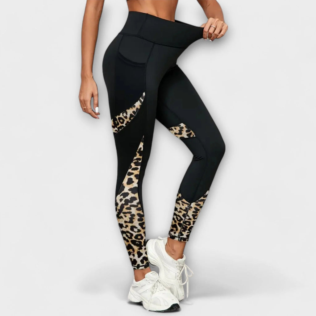 Legginsy damskie sportowe z wysokim stanem i panterkowymi wstawkami - Khaki