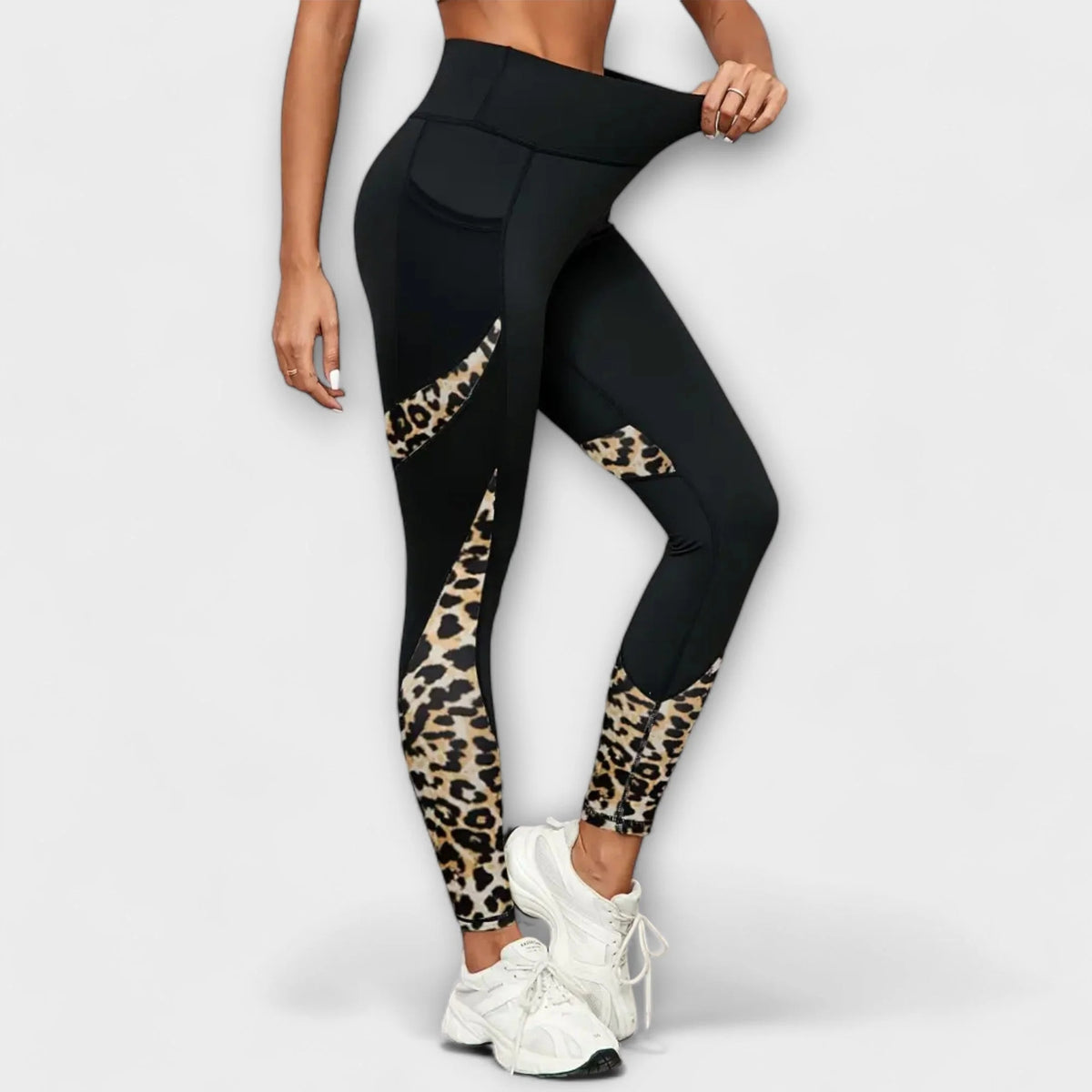 Legginsy damskie sportowe z wysokim stanem i panterkowymi wstawkami - Khaki