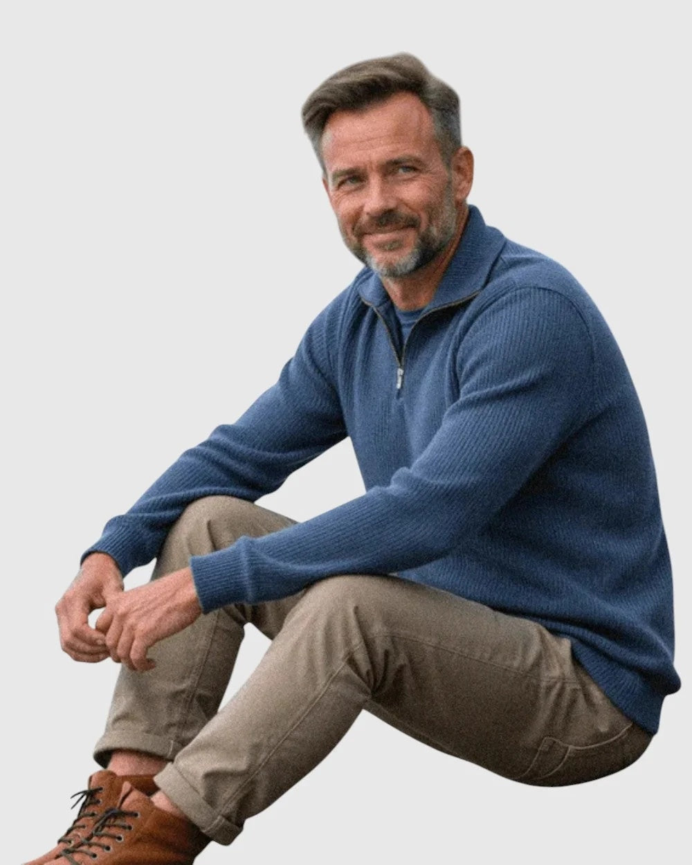 Sweter męski o luźnym kroju ze stójką i krótkim zamkiem - Granatowy