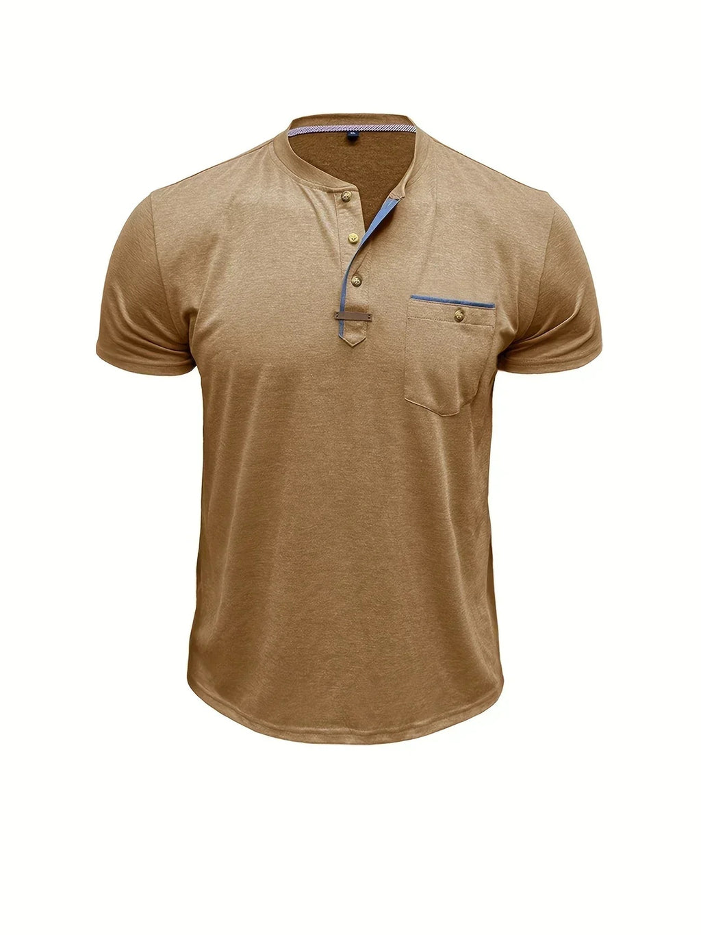 Koszulka męska z krótkim rękawem dekoltem henley i kieszenią - Khaki