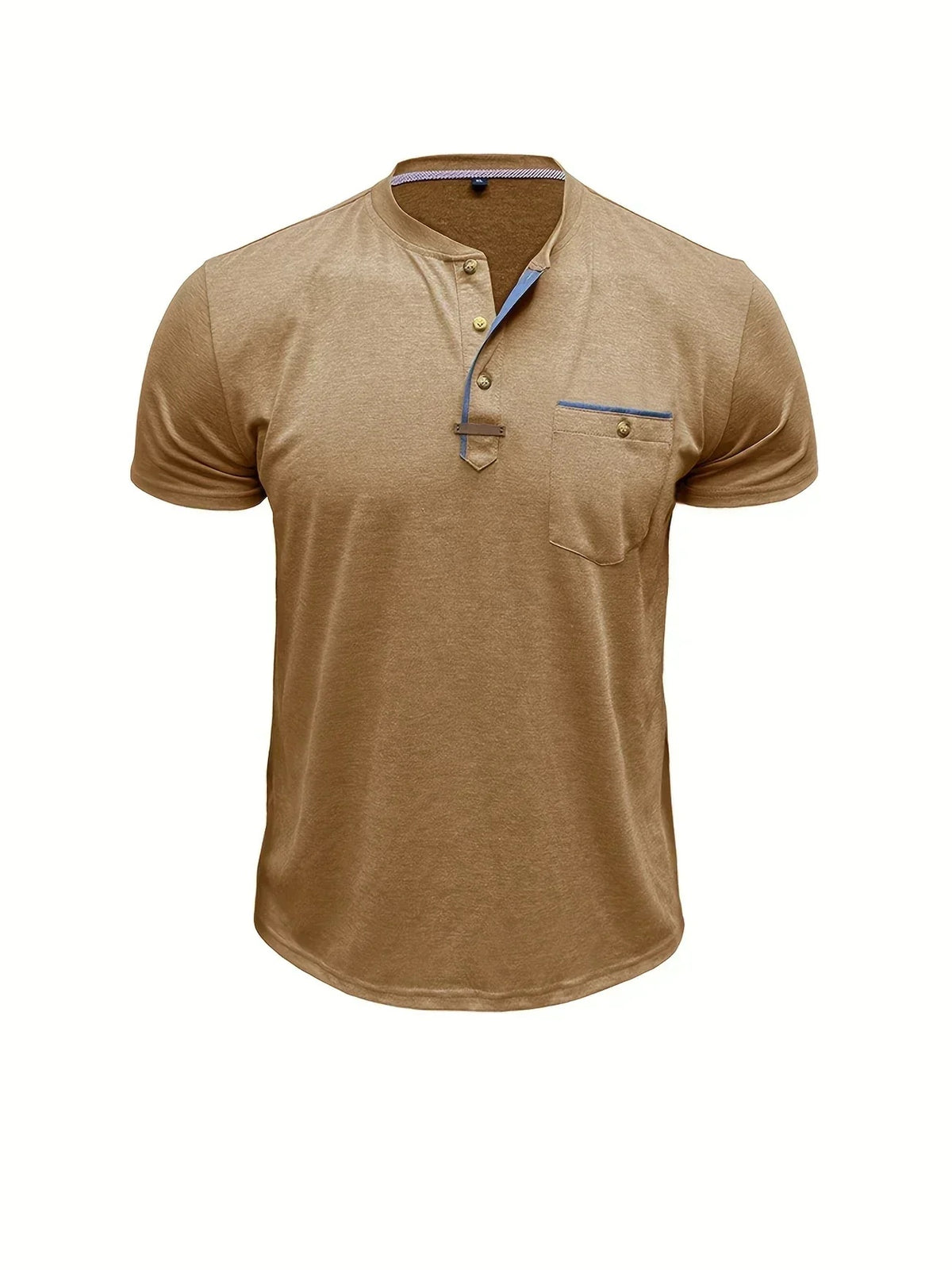 Koszulka męska z krótkim rękawem dekoltem henley i kieszenią - Khaki