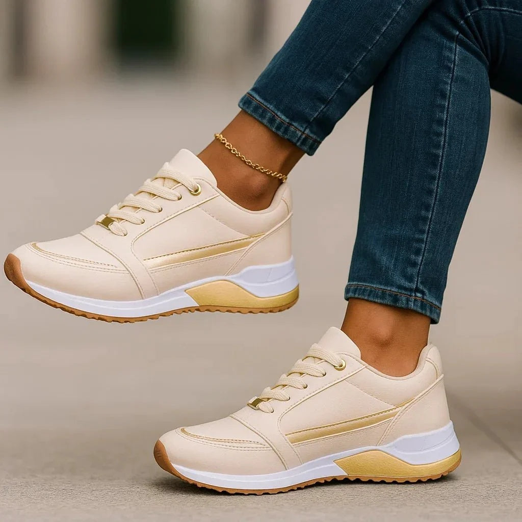 Sneakersy damskie na grubej podeszwie z okrągłym noskiem i sznurowaniem - Beżowy