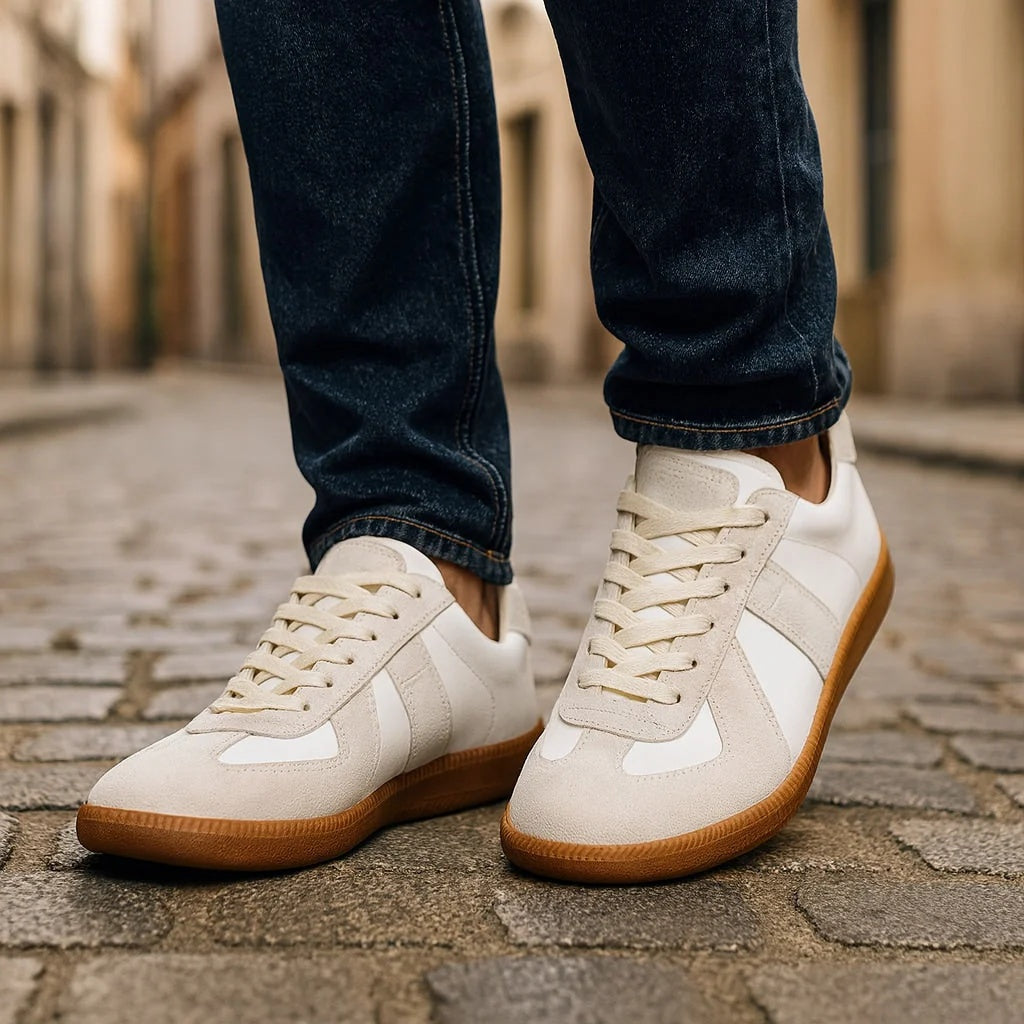 Sneakersy męskie retro niskie sznurowane z panelami - Biały