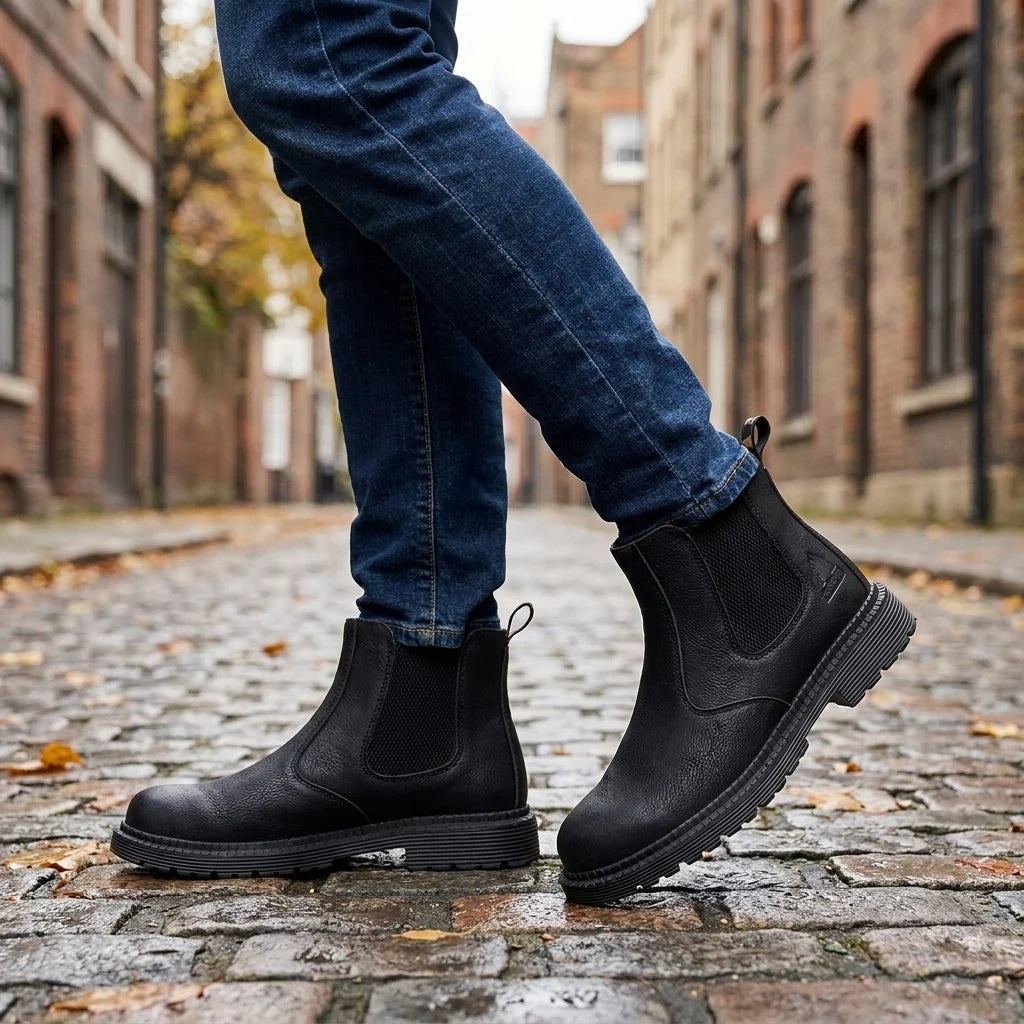 Buty robocze męskie wsuwane z wysoką cholewką i bieżnikowaną podeszwą - Czarny