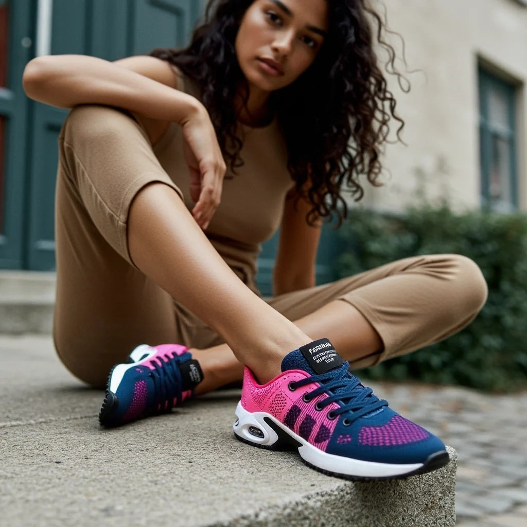 Buty sportowe damskie sznurowane z perforowaną cholewką i grubą podeszwą - Różowo Niebieski