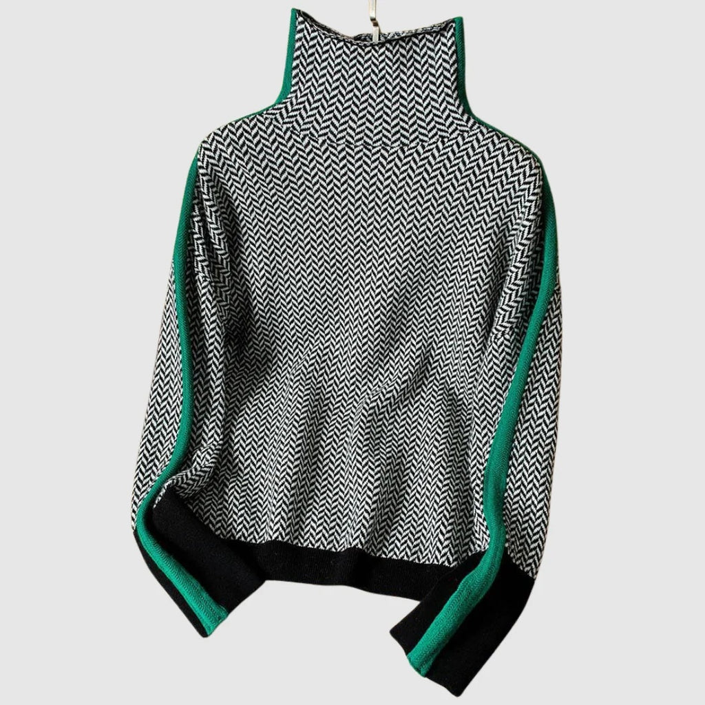 Sweter damski oversize z wysokim kołnierzem i geometrycznym wzorem - Zielony