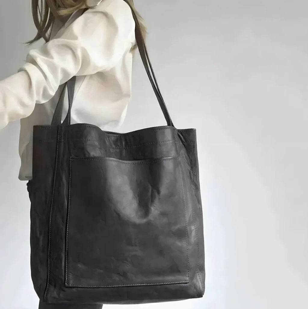 Torebka damska shopper duża z dwoma uchwytami i kieszeniami - Czarny