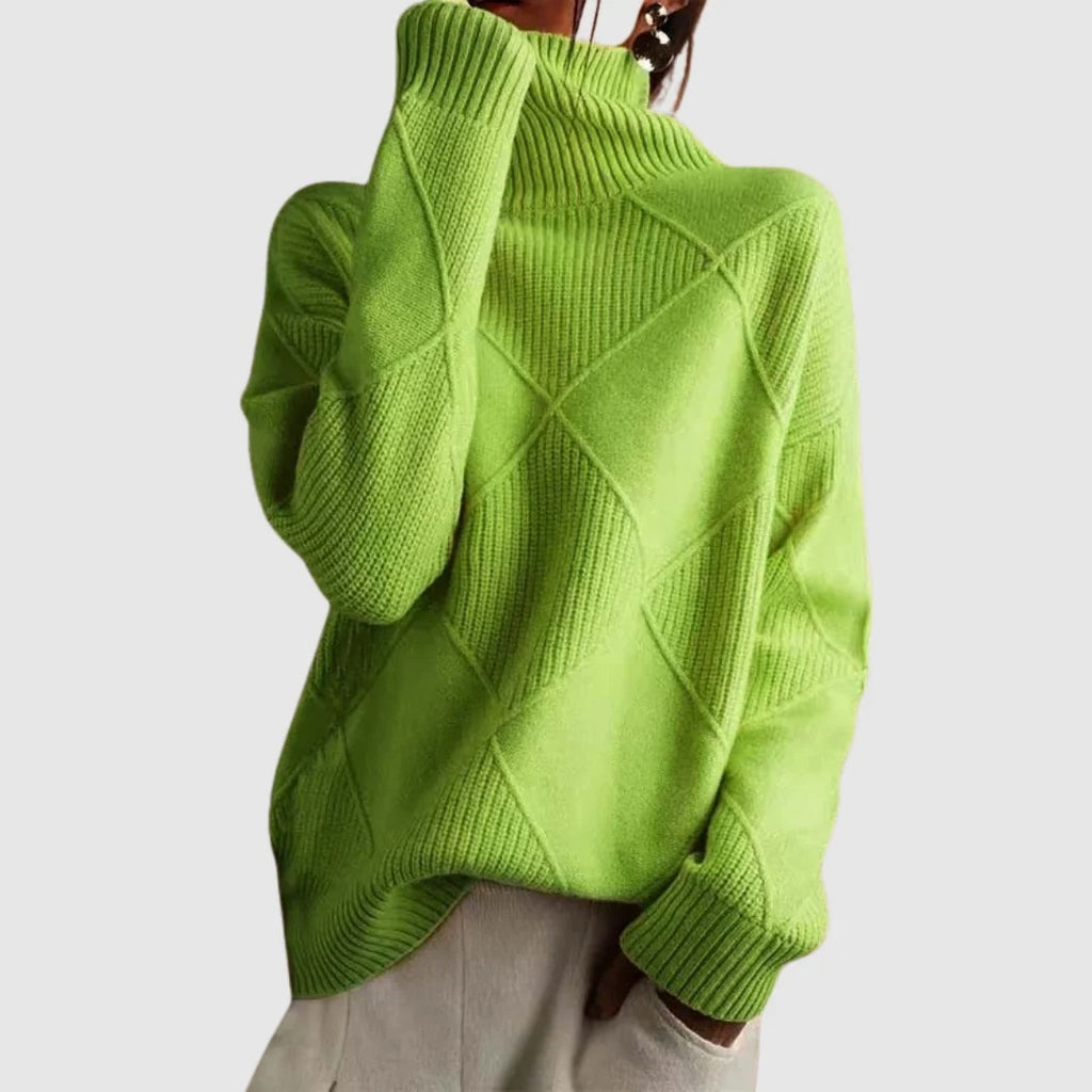 Sweter damski oversize z wysokim golfem i wypukłym wzorem w romby - Zielony