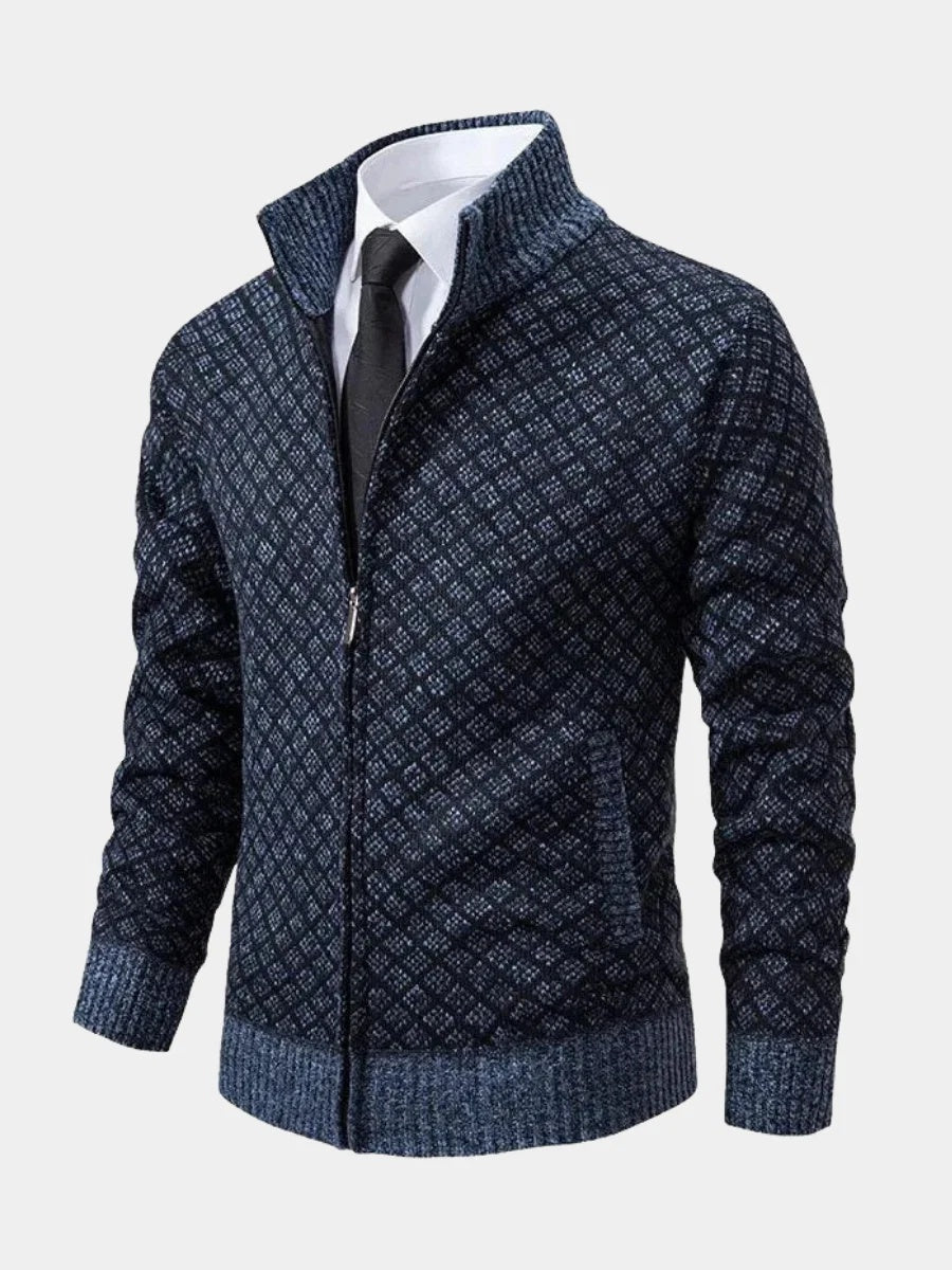 Sweter męski rozpinany ze stójką i prążkowanym wykończeniem - Niebieski