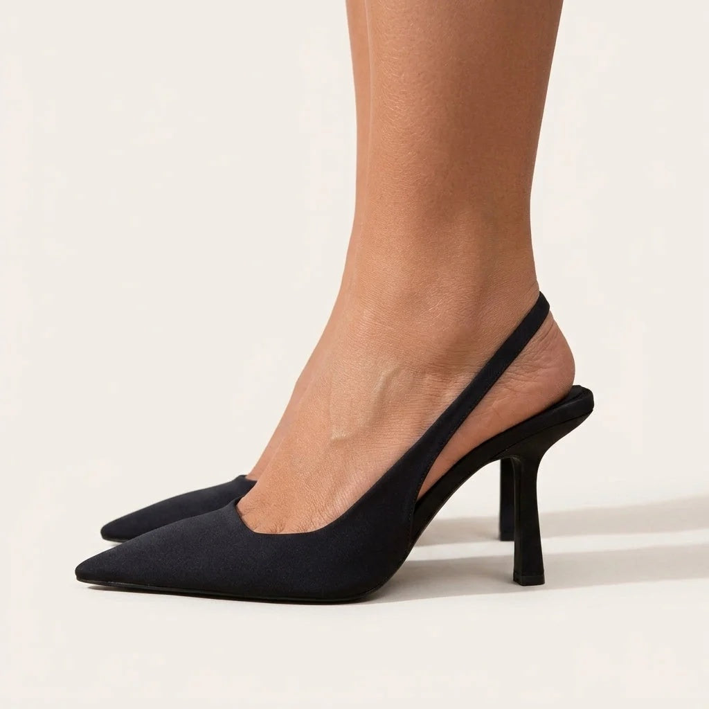 Czółenka damskie slingback na wysokim obcasie ze szpiczastym noskiem - Czarny
