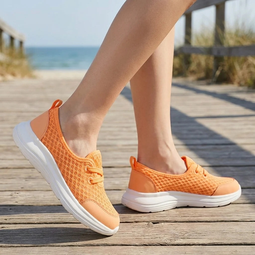 Buty damskie wsuwane z okrągłym noskiem elastycznymi paskami i płaską podeszwą - Pomarańczowy