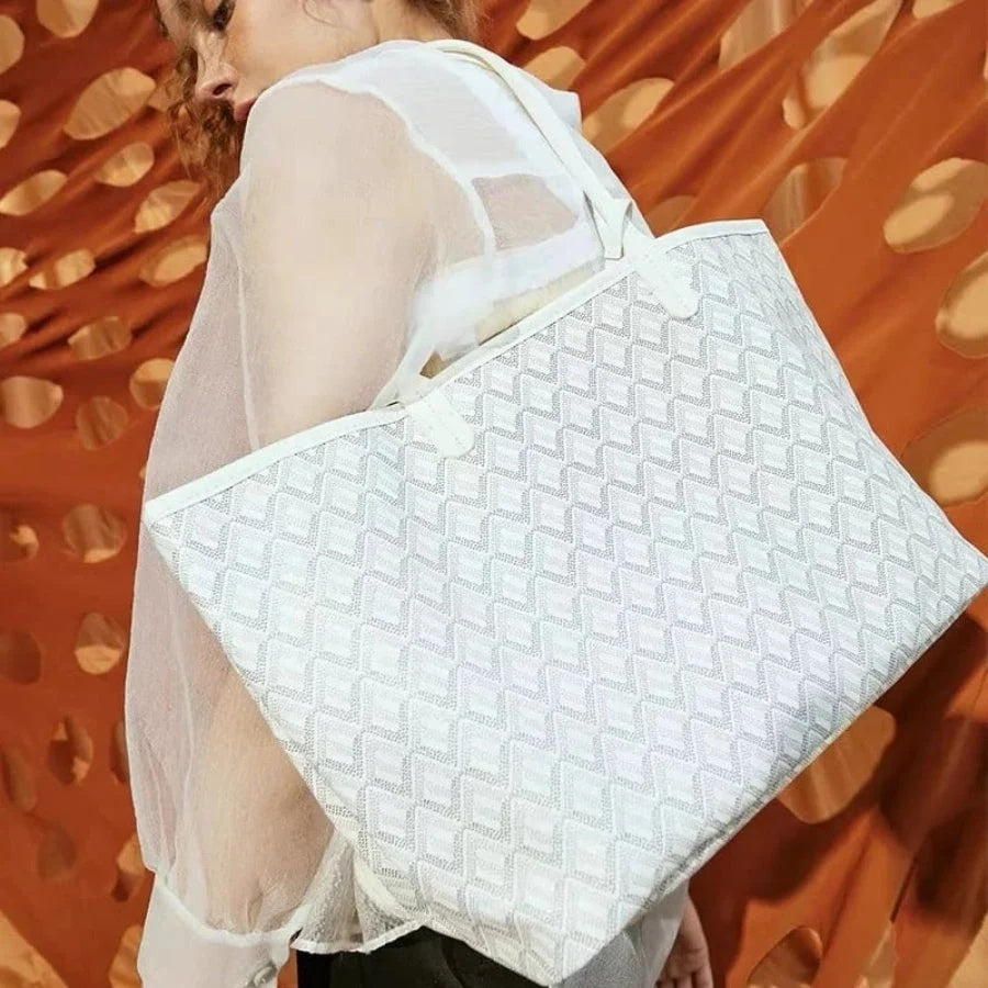 Torebka damska shopper duża z geometrycznym wzorem i saszetką - Biały