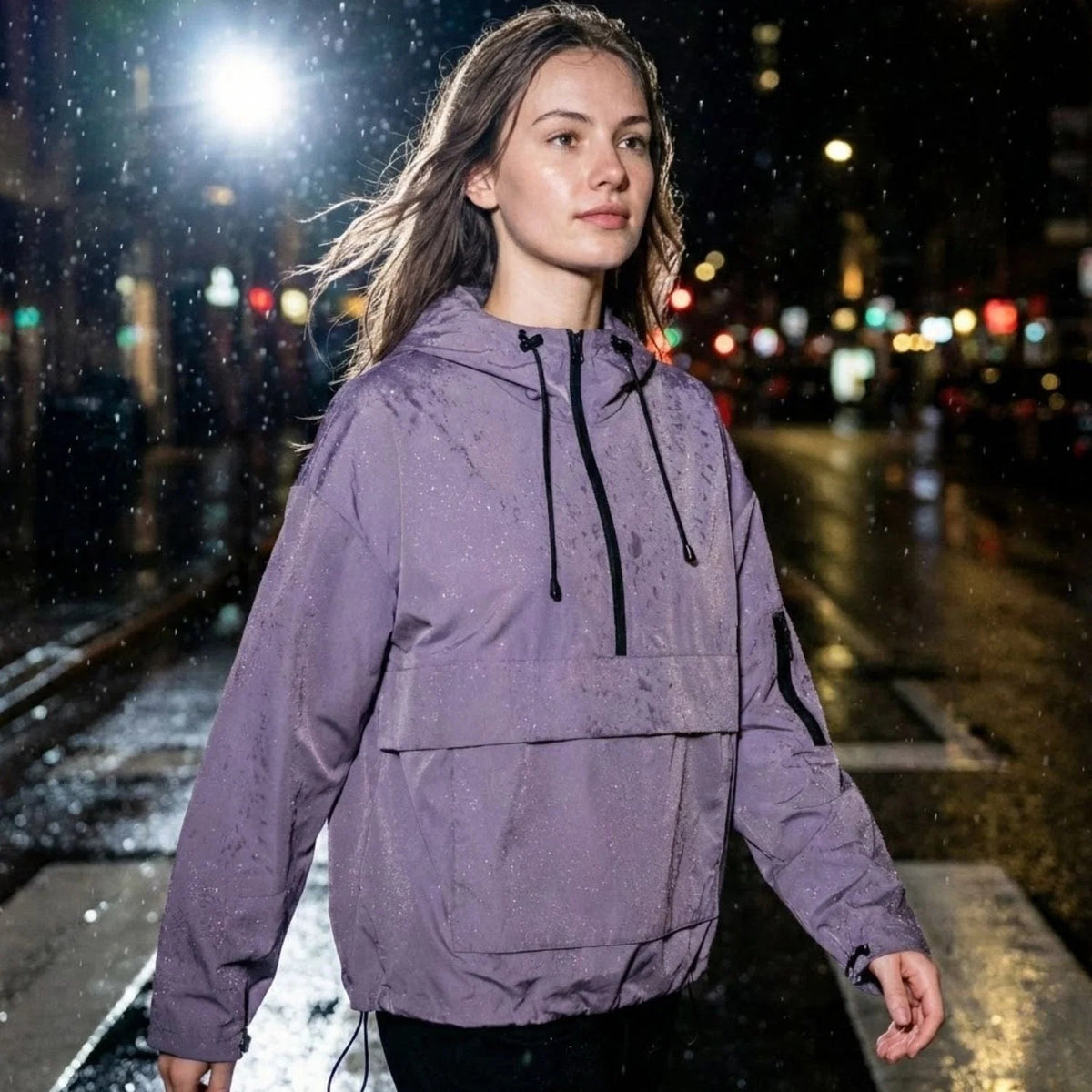 Kurtka damska anorak oversize z kapturem i dużą kieszenią z przodu - Fioletowy