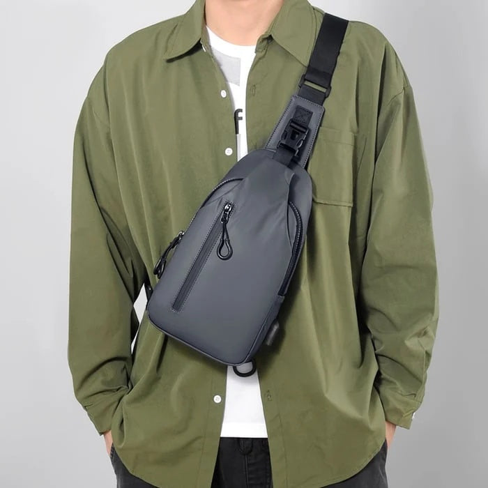 Torba męska crossbody na jedno ramię z regulowanym paskiem i kieszenią - Szary