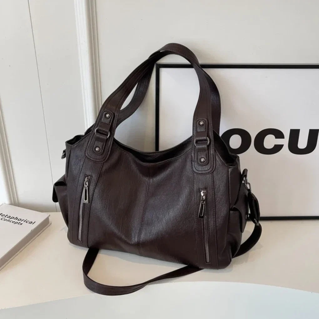 Torebka damska shopper duża z dwoma uchwytami i odpinanym paskiem - Kasztanowaty
