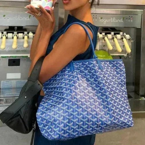 Torebka damska shopper duża z geometrycznym wzorem i dwoma uchwytami - Niebieski