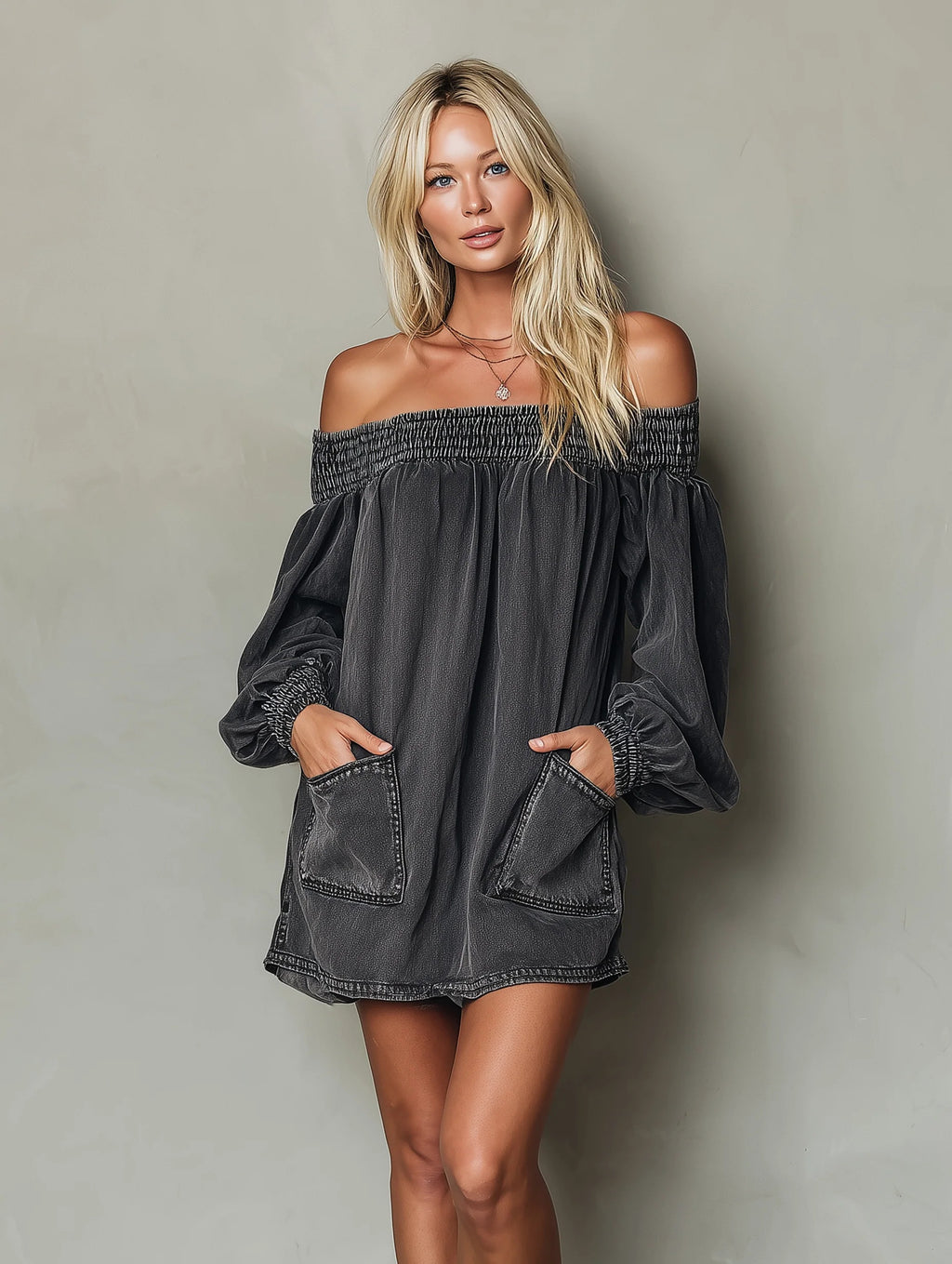 Sukienka damska mini oversize z odkrytymi ramionami i bufiastymi rękawami
