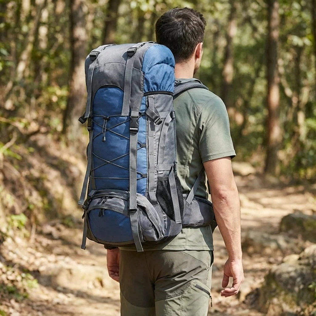 Plecak męski trekkingowy z pasem biodrowym i regulowanymi szelkami - Niebieski