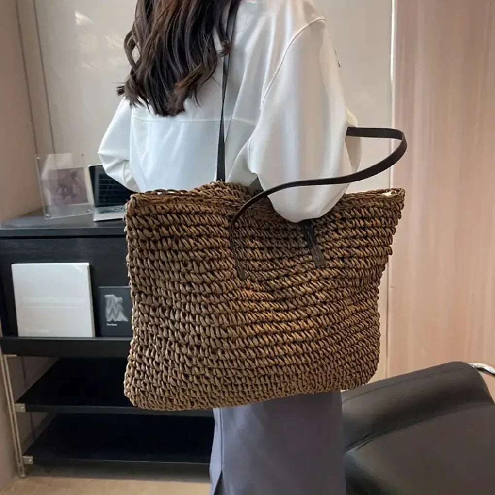 Torebka damska shopper duża pleciona z dwoma długimi uchwytami - Kawowy