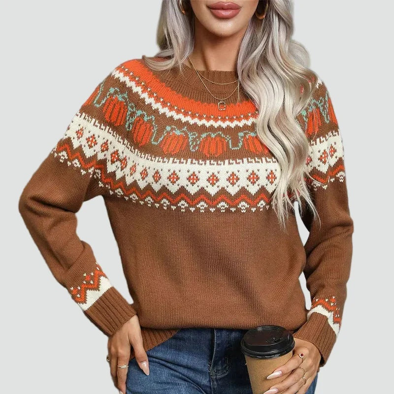 Sweter damski z okrągłym dekoltem i jesiennym wzorem w dynie - Jasnobrązowy