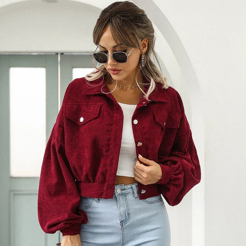 Kurtka damska krótka oversize z kołnierzem i bufiastymi rękawami - Czerwone Bordeaux
