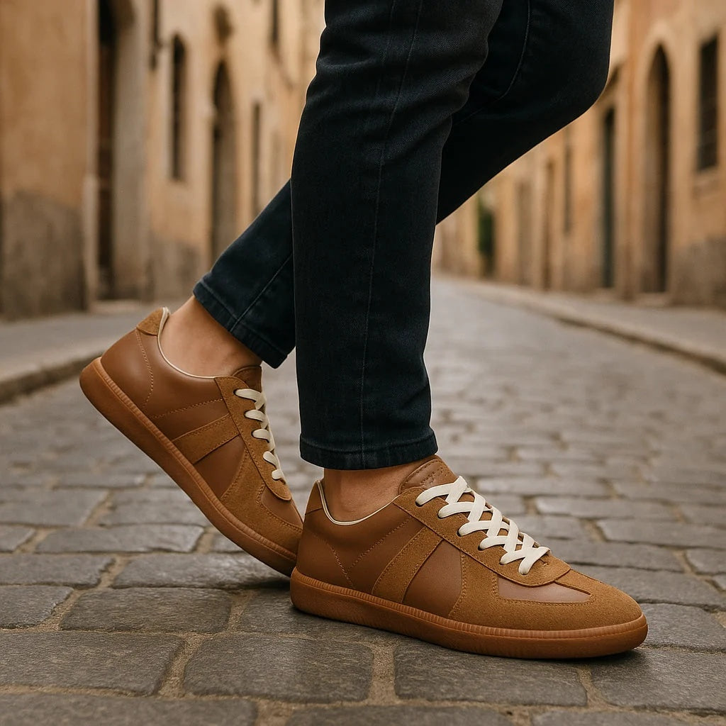 Sneakersy męskie retro niskie sznurowane z panelami - Brązowy