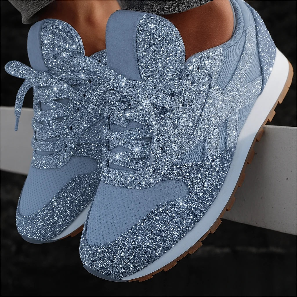 Sneakersy damskie brokatowe sznurowane z okrągłym noskiem - Srebrny