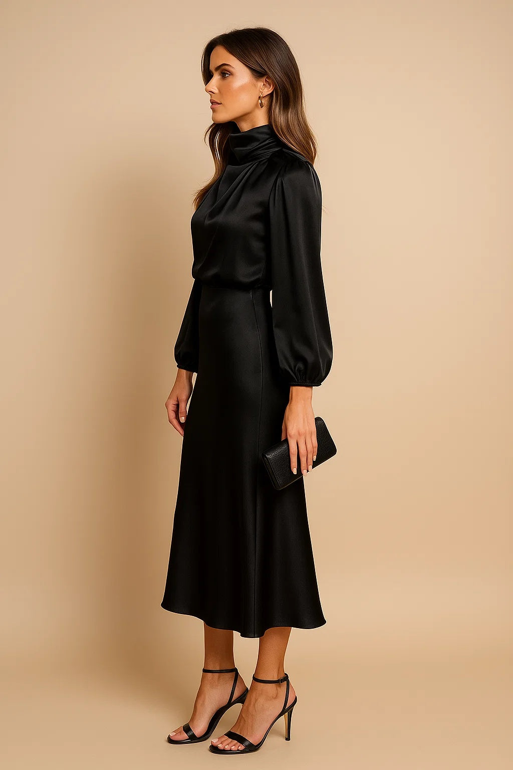 Sukienka damska midi elegancka z golfem i bufiastymi rękawami - Czarny