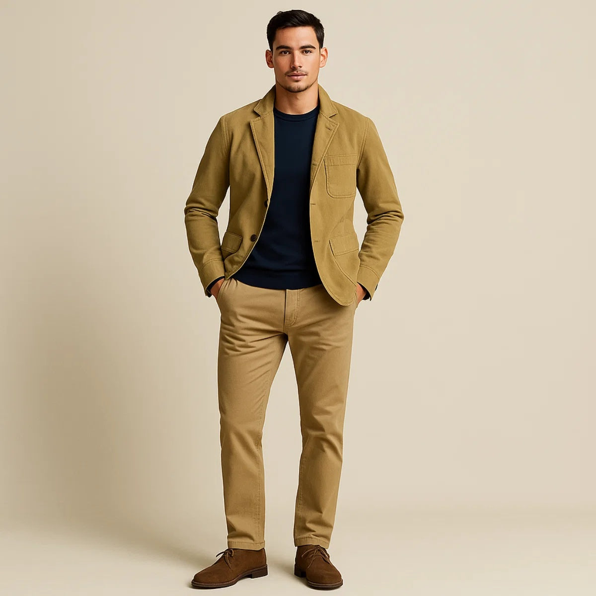 Marynarka męska casual o luźnym kroju z naszywanymi kieszeniami - Khaki