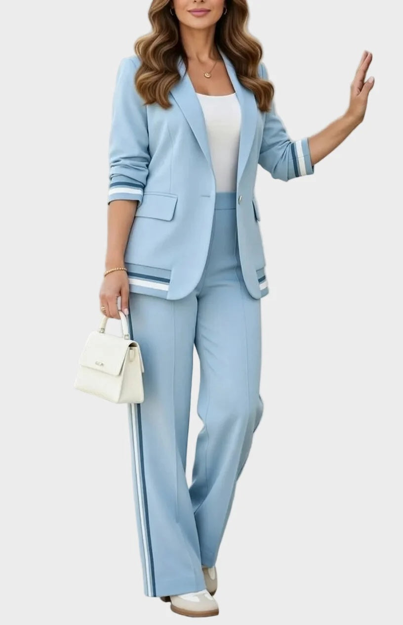 Komplet damski z marynarką i spodniami z lampasami w stylu eleganckim - Niebieski