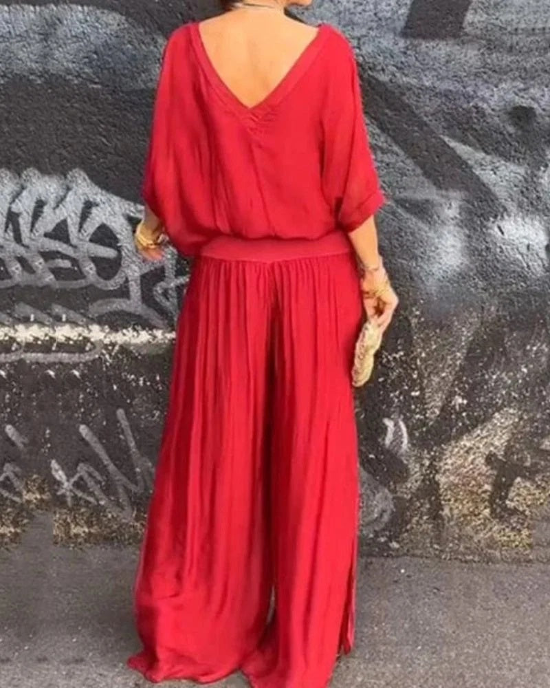 Komplet damski elegancki z bluzką oversize i spodniami z szerokimi nogawkami - Bordowy