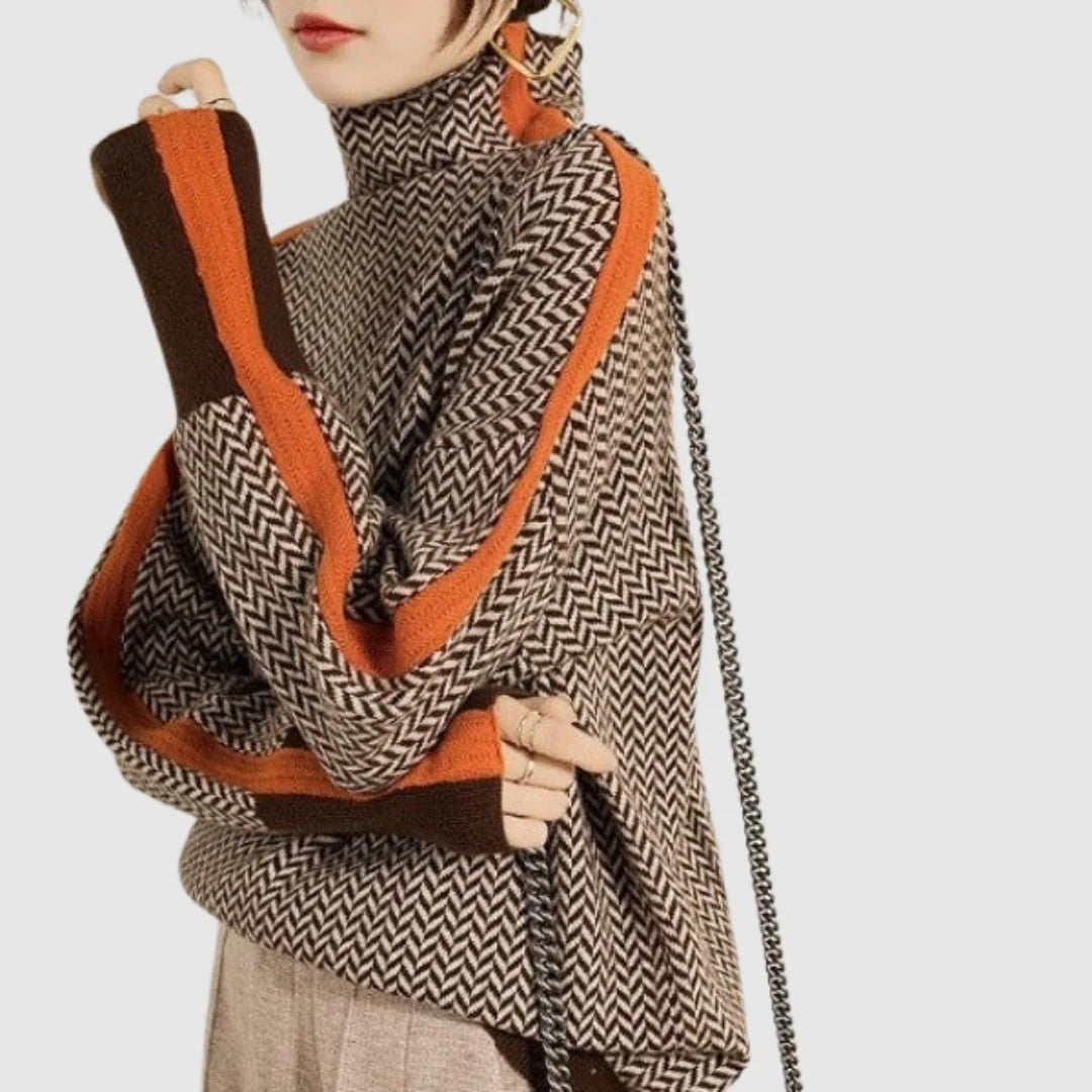 Sweter damski oversize z wysokim kołnierzem i geometrycznym wzorem - Pomarańczowy