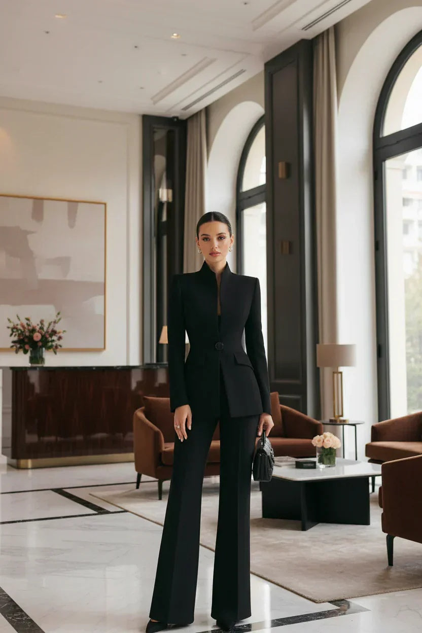 Komplet damski elegancki z taliowaną marynarką i spodniami z szerokimi nogawkami - Czarny