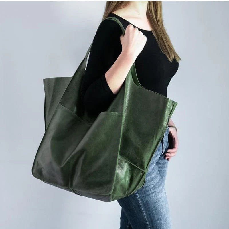 Torebka damska shopper duża z szerokimi uchwytami i kieszeniami - Zielony