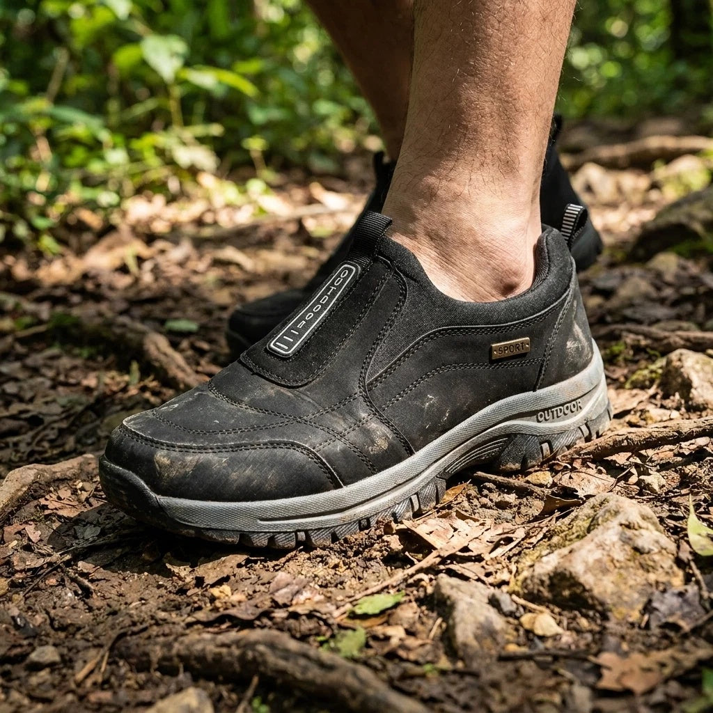 Buty męskie sportowe wsuwane z okrągłym noskiem i terenową podeszwą - Czarny