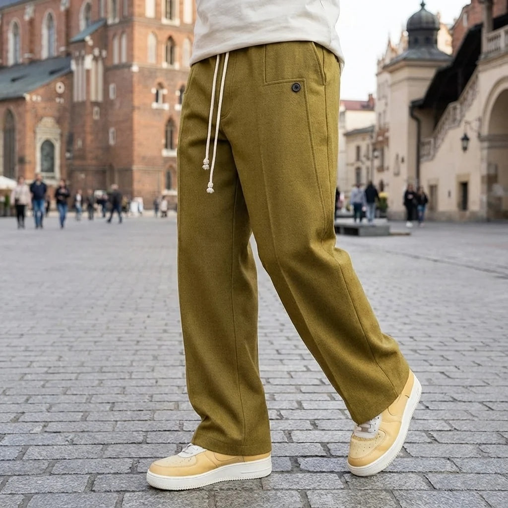 Spodnie męskie z szeroką prostą nogawką i wiązaniem w pasie - Khaki