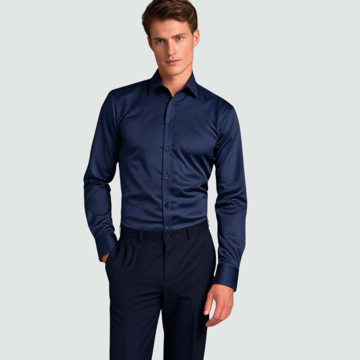 Koszula męska slim fit elegancka z długim rękawem i wykładanym kołnierzykiem - Granatowy