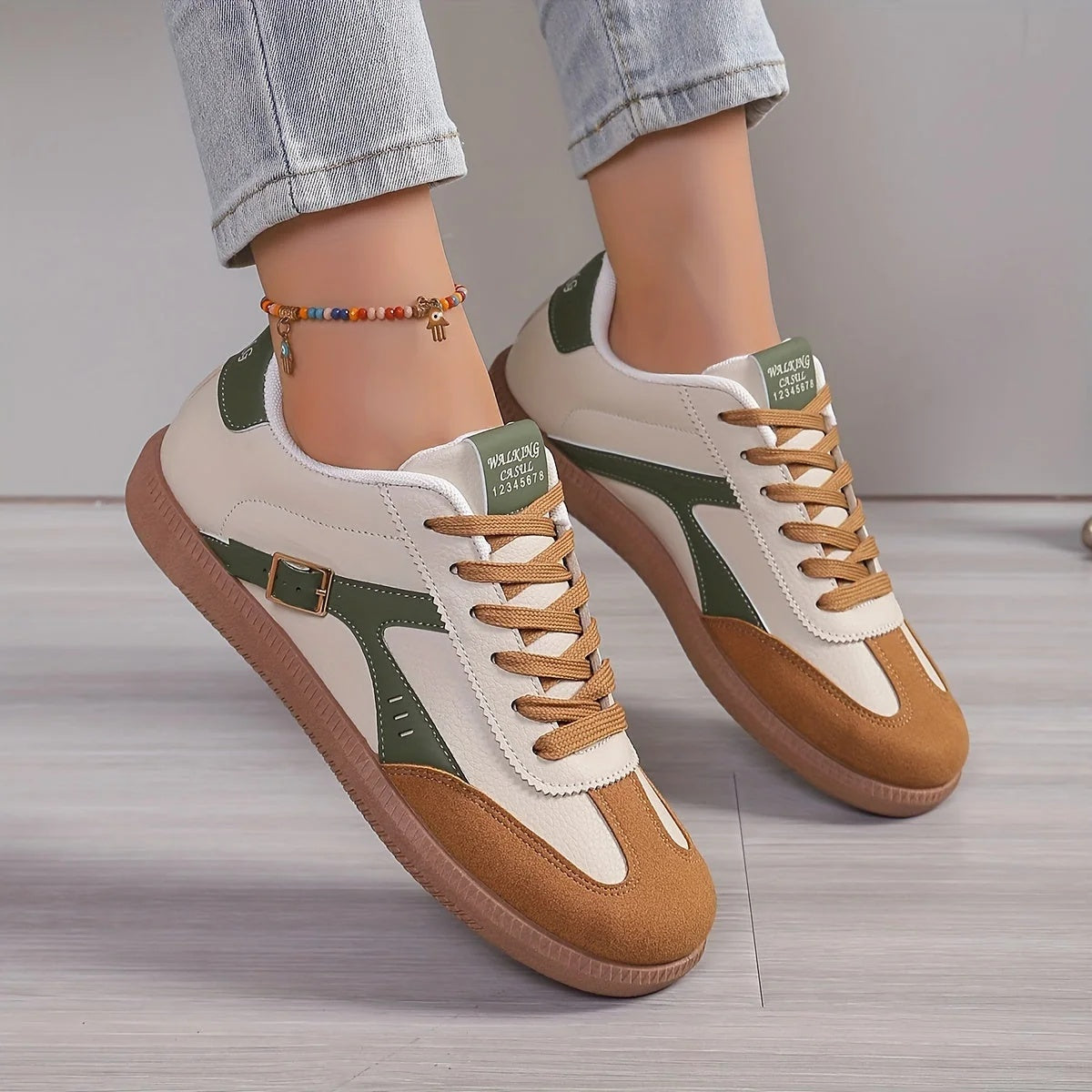Sneakersy damskie niskie sznurowane w stylu retro na płaskiej podeszwie - Zielony